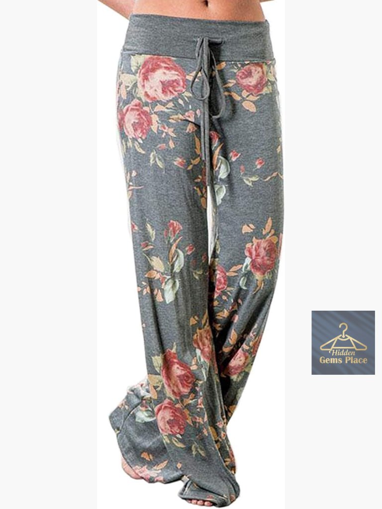 Comfy Pajama Pants For Women, Drawstring Floral Palazzo Lounge Pants, Stretch